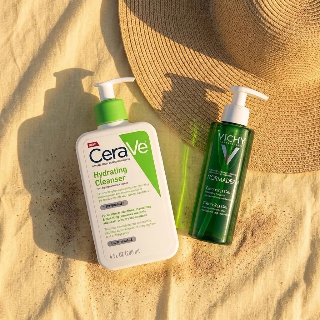 CeraVe Hydrating Cleanser and Vichy Normaderm cleansing gel in sunlight